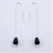 Wholesale Silver Gemstone Earrings Glossy Black Agate Threaders