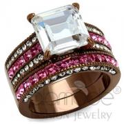 Wholesale Light Brown Plated Stainless Steel Clear CZ Wedding Ring Set