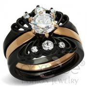 Wholesale Rose Gold & Black Stainless Steel CZ Wedding Ring Set