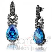 Wholesale Light Black Stainless Steel Pear Sea Blue CZ Drop Earrings