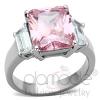Stainless Steel Oblong Rose Pink CZ 3 Stone Engagement Ring
