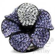 Wholesale Black Stainless Steel Purple Crystal Flower Cocktail Ring