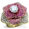 Gold Stainless Steel Pink Clear CZ Flower Cocktail Ring