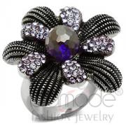 Wholesale Stainless Steel Amethyst Purple Glass Flower Cocktail Ring