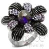 Stainless Steel Amethyst Purple Glass Flower Cocktail Ring