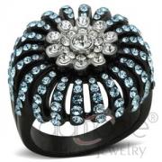 Wholesale Black Stainless Steel Sea Blue Crystal Flower Cocktail Ring