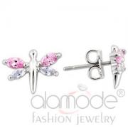 Wholesale Rhodium 925 Sterling Silver Pink CZ Dragonfly Stud Earrings