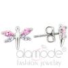 Rhodium 925 Sterling Silver Pink CZ Dragonfly Stud Earrings
