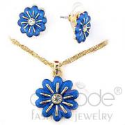 Wholesale Gold Plated White Metal Crystal Blue Flower Stud Jewelry Set