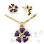 Wholesale Gold Plated Crystal Purple Epoxy Flower Stud Jewelry Set