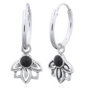 Wholesale Black Agate Little Lotus 925 Silver Hoop Earrings