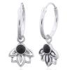 Black Agate Little Lotus 925 Silver Hoop Earrings
