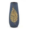Dark Blue Table Glass Vase With Gold Leaf, Height Is 26 Cm