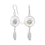 Wholesale Silver Shiva Eye Shell With Dangling Feather Earrings