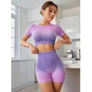 Wholesale Ladies Gradient Dyeing Cropped T Shirt And Running Shorts