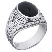 Wholesale Elegant Turkish Design Black Agate Oval Thumb Ring In Sterli