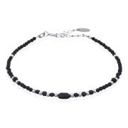 Wholesale Silver Beaded Black Agate Bracelet With Black Agate Charm