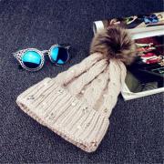 Wholesale Ladies Winter Cap Pom Beanie Warm Cap Fur Thick Hat Knitted