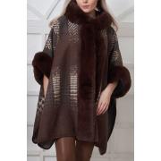Wholesale Abstract Dogtooth Pattern Faux Fur Hooded Poncho