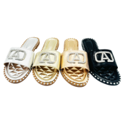 Wholesale Ladies PU Leather Flat Slider With A Diamante Letter Logo
