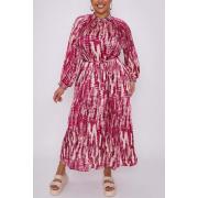 Wholesale Tie Dye Print Shirred Cuff Belted Dress