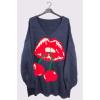 Cherry Lips Pattern Knitted Cuffed Sleeve Jumper