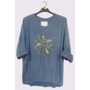 Wholesale Sequin Flower Pattern Slight Dip Hem Top
