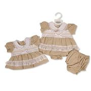 Wholesale Premature Baby Linen Dress With Lace, Smocking And Bow 