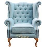 Wholesale Chesterfield Fabric Queen Anne Chair Duck Egg Blue Yew Feet
