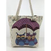 Wholesale Owl Fabric Canvas Shopper Tote With Cotton Rope Handle