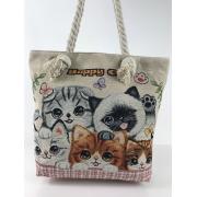 Wholesale Cat Fabric Canvas Shopper Tote With Cotton Rope Handle